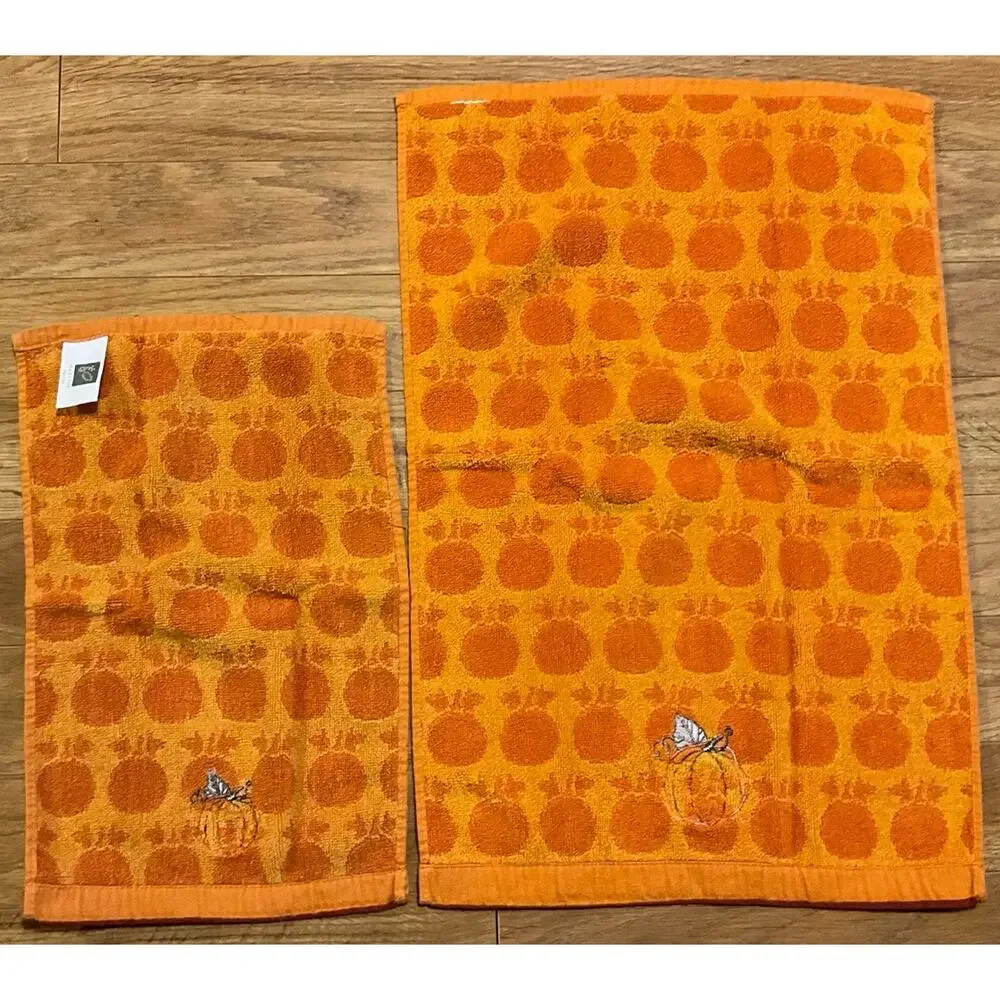 Set Harvest Fall Pumpkin Kitchen Bath Dish Hand Towel Orange Overall Pumpkin